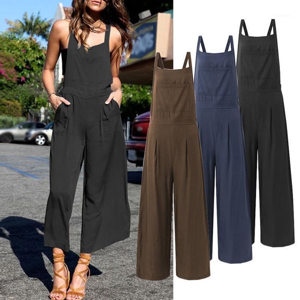 

women's jumpsuits & rompers wide leg playsuit women sleeveless jumpsuit pockets solid bib cargo pants elastic waist tank office trouser, Black;white