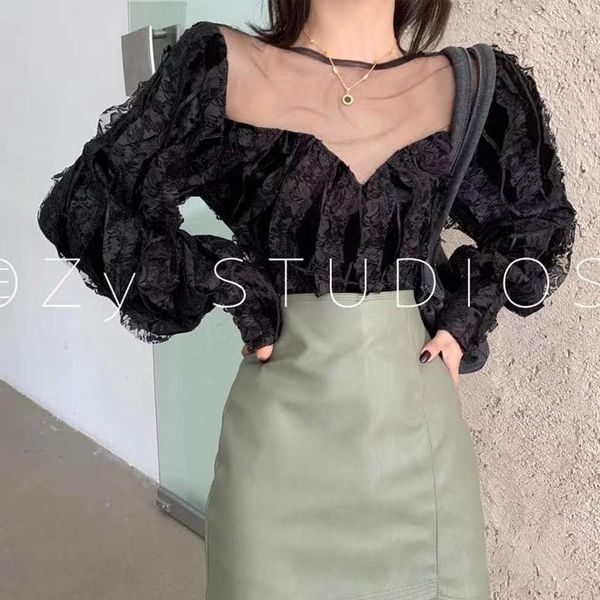 

arrival autumn hollow out lace-up perspective shirt for ladies elegant special design women's blouses & shirts, White