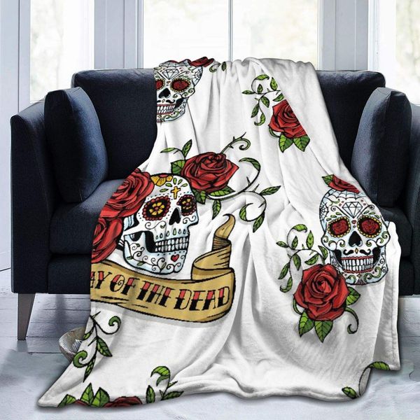 

Ultra-Soft Micro Fleece Blanket,Mexican Sugar Skulls Decorated with Red Roses and Vintage Ribbon Lettering,Home Decor Warm Throw