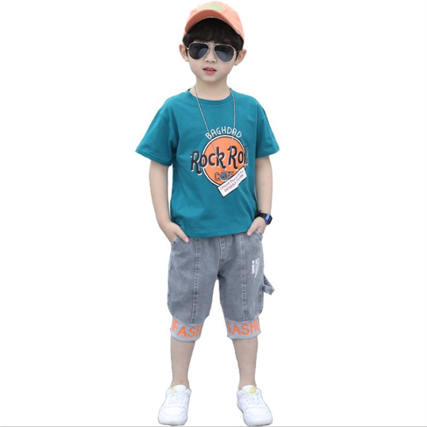 

summer cotton blend denim shorts boy sets new 2021 korean version handsome fashion round neck 2-piece casual childrens clothing, White