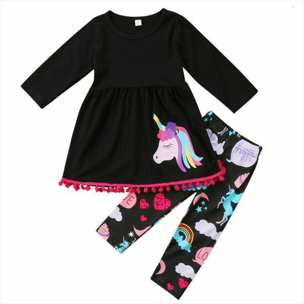 

us stock 2 7years unicorn kids baby girl outfit clothes long sleeve t shirt dress floral pant leggings 2pcs, White