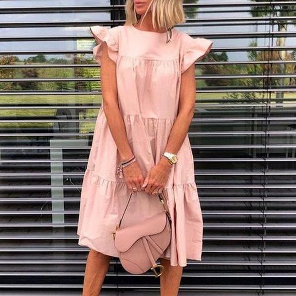 

casual dresses primadonna women solid color o neck ruffled short sleeve large hem a line midi dress women's clothing summer, Black;gray
