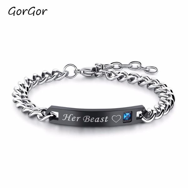 

link, chain gorgor style fashion jewelry titanium steel plated rose gold creative durable lettering simplicity couple bracelet 885, Black