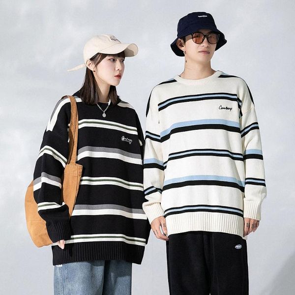 

men's sweaters mens harajuku stripe knitted jumpers streetwear hip hop casual pullover knitwear women fashion crew neck, White;black