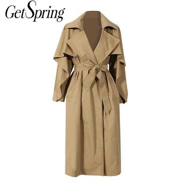 

getspring women trench coat bandage vintage windbreaker coats khaki irregular long out overcoat 210601, Tan;black