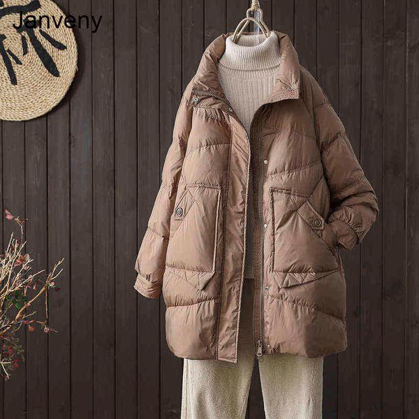 

janveny winter women stand collar 90% white duck down jacket female thick parkas warm down coat zipper ladies outwear 211130, Black