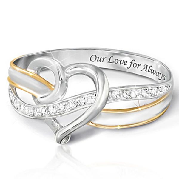 

wedding rings fashion two tone love heart for women romantic cross white tiny zirconia finger ring female party jewelry gifts, Slivery;golden