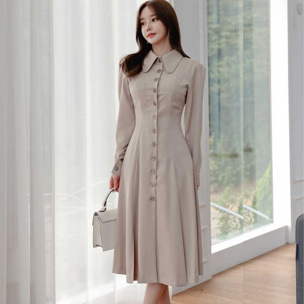 

autumn fashion female turn-down long sleeve vintage solid shirt utility dress women casual slim dresses 210529, Black;gray
