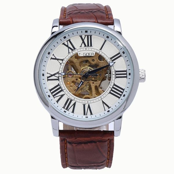 

t-goer men's belt large dial hollow mechanical watch waterproof, Slivery;brown