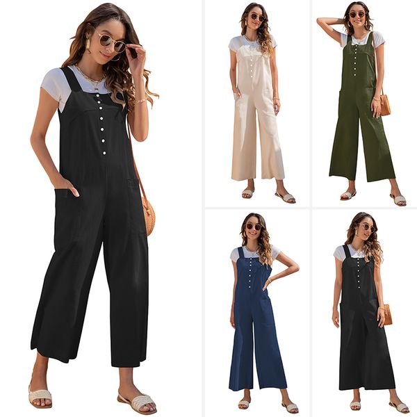 

womens autumn new products casual retro wide leg pants pocket loose solid color overalls, Black;white