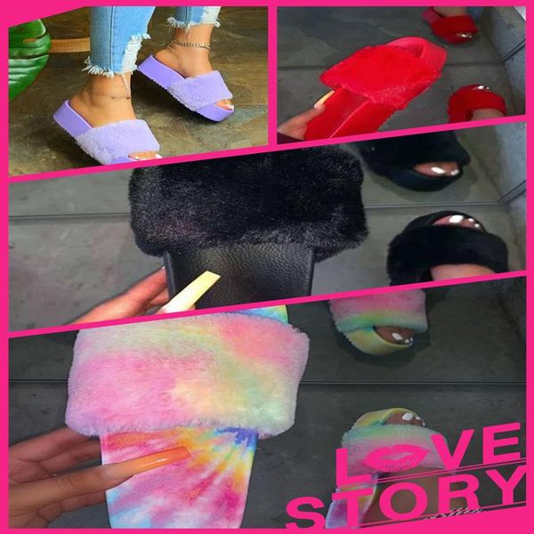 

women's shoes autumn and winter tie dye candy color plush slippers 1023, Black
