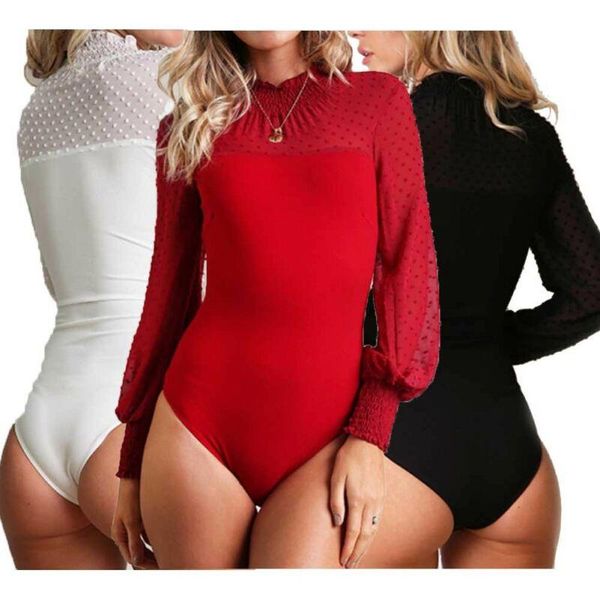 

women's jumpsuits & rompers 2021 casual women bodysuits plain color romper black white dot print long sleeve mesh bodycon stretch femme