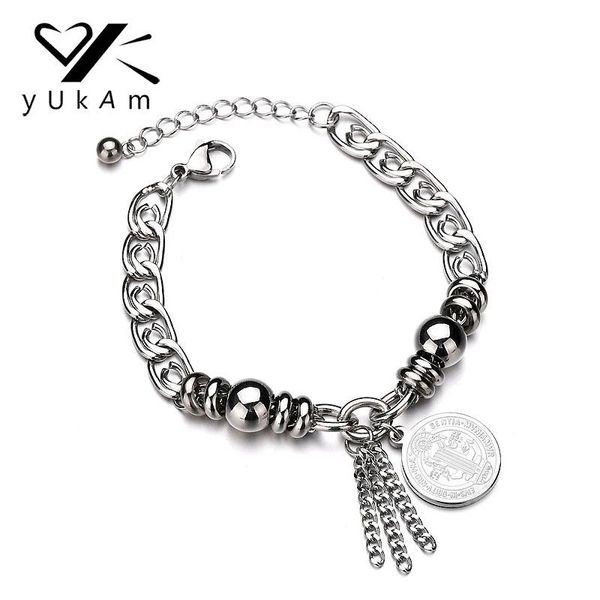 

charm bracelets yukam religious stainless steel tassel beaded thick chain bangle jesus bracelet for women christian jewelry gift, Golden;silver