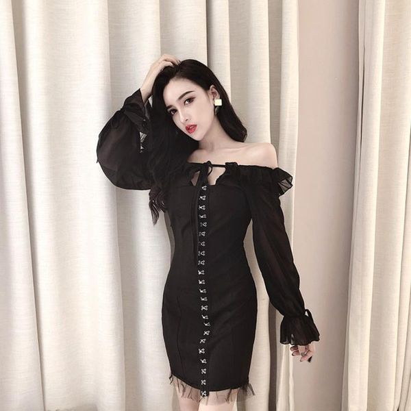 

casual dresses 2021 summer and autumn fashion ladies temperament word collar long-sleeved off-shoulder slim slimming hip dress female, Black;gray