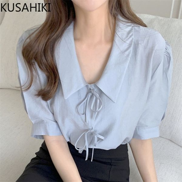 Koreanische Süße Fliege Bluse Frauen Puff Hülse Drehen-unten Kragen Hemd Sommer Mode Blusas Mujer De Moda 6J464 210603