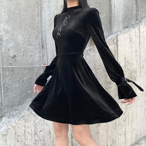 

casual dresses women dress gothic slim chain skinny mini streetwear vintage harajuku summer clothing a-line embroidered #25, Black;gray