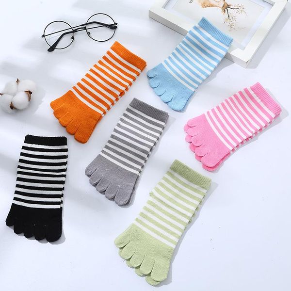 

socks kids striped cotton-finger boys girls casual children toe five finger breathable soft short sock 4-12y, Pink;yellow