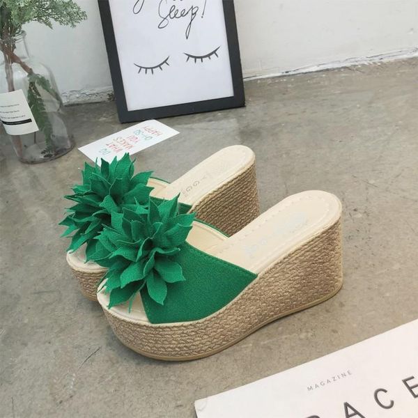 

summer muffin bottom slope heel open toe cool slippers women flower waterproof platform heightening flip flop korean, Black