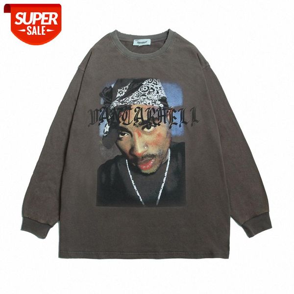 

character printing long-sleeved t-shirt men's washed and worn loose round neck merry pullover bottoming shirt #dn7i, White;black