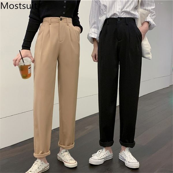 

autumn korean high waist harem suit pants trousers button fly casual fashion solid female femme 210518, Black;white