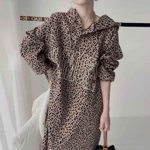 

[ewq] korean chic autumn hooded women dress drawstring letter printed leopard loose casual long bubble sleeve female fashion 16e4865, Black;gray