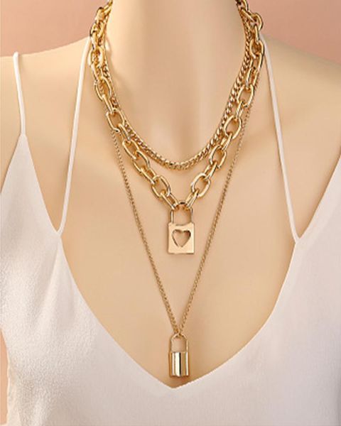

pendant necklaces vintage punk metal texture love heart shape lock three-piece necklace ladies neck jewelry, Silver
