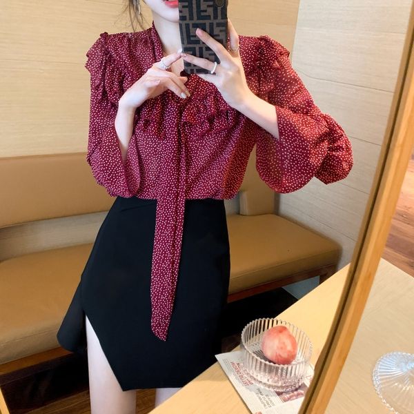 

women's blouses & shirts chiffon female blouse, polka dot pattern, chiffon shirt with floral pattern 6w4v, White