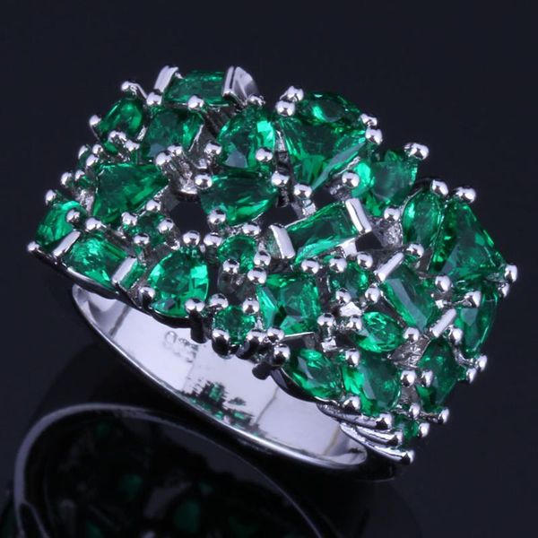 

cluster rings royal green cubic zirconia silver plated ring v0581, Golden;silver