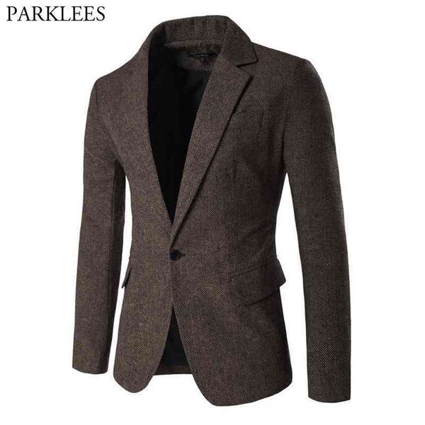 Erkek Blazer Ceket Herringbone Spor Ceket Akıllı Resmi Yemeği Pamuk Suits Slim Fit Bir Düğme Çentik Yaka Rahat Ceket Kahve 210522