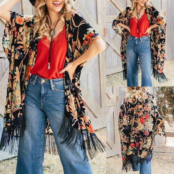 

shirts for women summer fashion print chiffon beach kimono long cardigan blouse ladies casual vacation shawl loose outwear women's swi, White;black