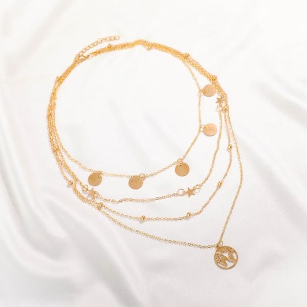 

pendant necklaces european american vintage 4-layer necklace geometric disc world-map for women gold color jewelry clavicle chain, Silver