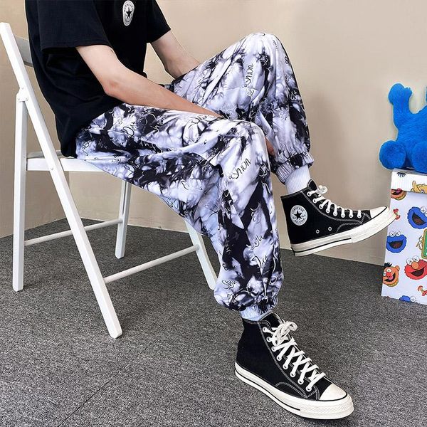 

men's pants 2021 casual harajuku tie-dye ice ioose straight wild male student 3d printing hip-hop street wide-leg, Black