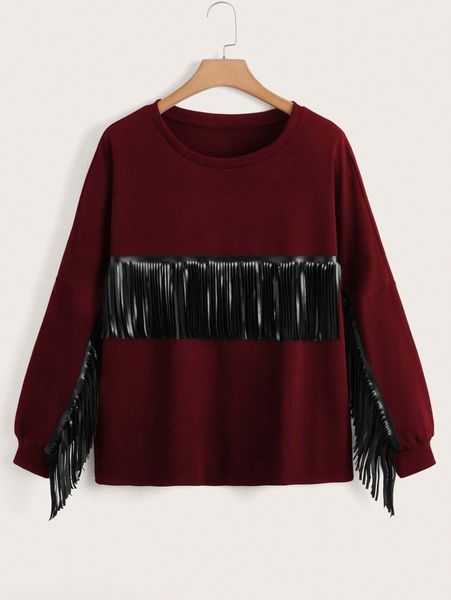 

plus fringe trim drop shoulder pullover 02jq#, Black