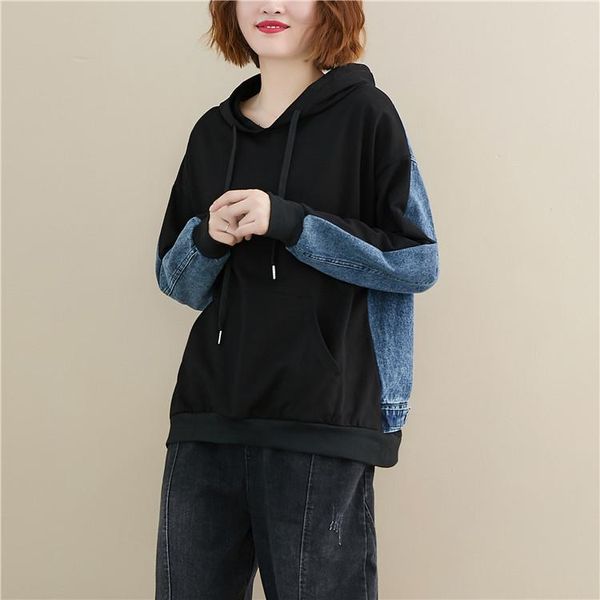 

women's hoodies & sweatshirts casual loose women denim lady hooded sweatshirt femme pullovers, Black