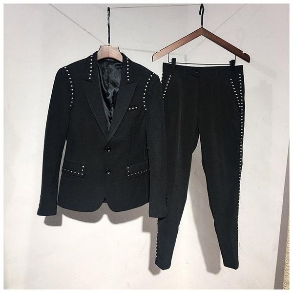 

men's suits & blazers hip mens rivet beading black bar/club/fashion tuxedo jacket and pants /asia size slim, White;black