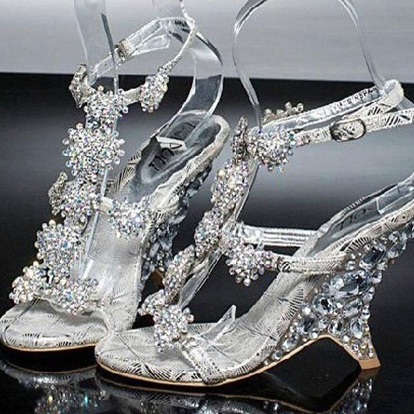 

female wedge heel sandals banquet princess diamond crystal shoes evening prom party dresses lady bridal wedding, Black