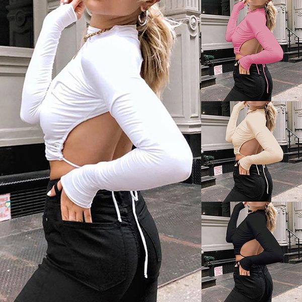 

cross-border european and american 2020 new fall womens clothing cotton slim-fit lace up round neck long sleeve backless womens t-shirt, White