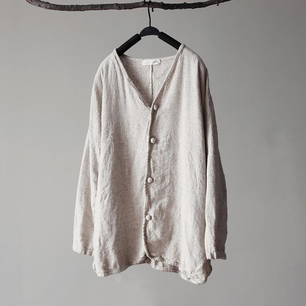 

women's blouses & shirts johnature women cotton linen 2021 autumn long sleeve v-neck button vintage casual, White