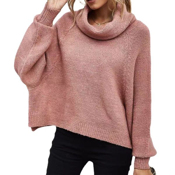 

2021 autumn and winter new sweater womens solid color loose batwing sleeve knitted pullover turtleneck sweater womens top, White;black