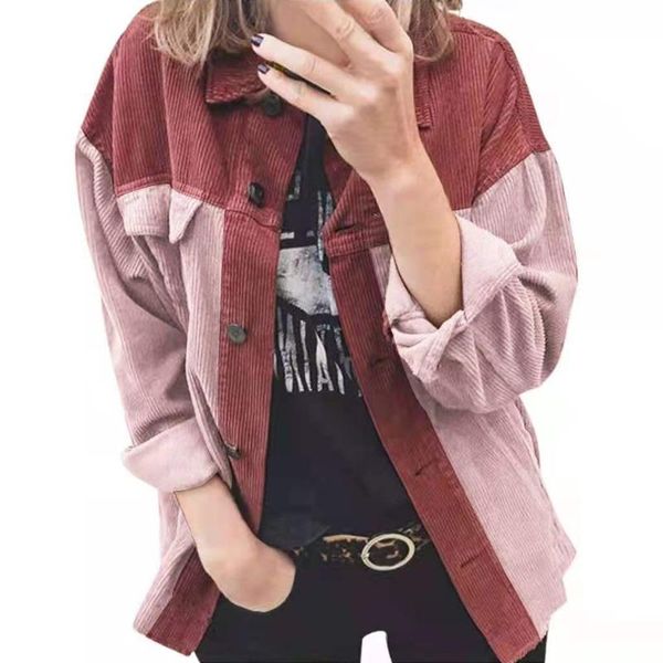 

women's jackets casual color-block corduroy buttoned shirt jacket fashion korean style turn-down collar coat single breasted streetwear, Black;brown