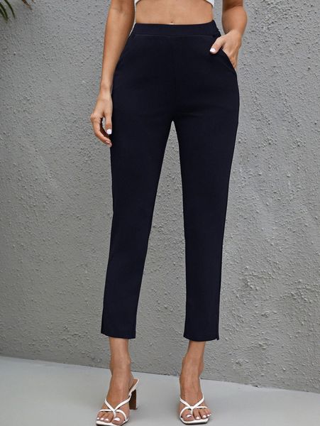 

high waist slant pocket slit hem pants n3e2#, Black;white