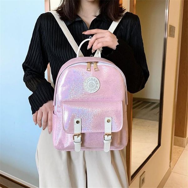 

backpack retro shiny female soft leather large-capacity fashion book bag double buckle anti-theft pu travel small