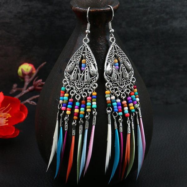

women's ethnic retro water drop tassel feather earrings long accessories hand dangle & chandelier, Silver