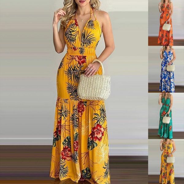 

fashion floral print halter summer women dress backless large hem beach, Black;gray