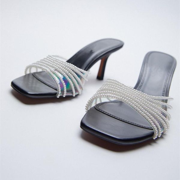 

slippers rubber flip flops transparent string bead shoes women heels slides pantofle beige heeled sandals square toe hawaiian so, Black