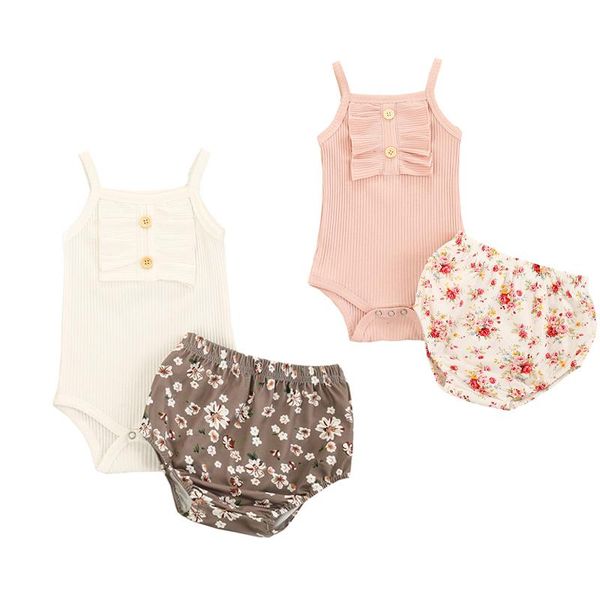 

2pcs born infant baby girl clothing set sleeveless solid kintiing romper daisy printed shorts 2colors 0-24m sets, White