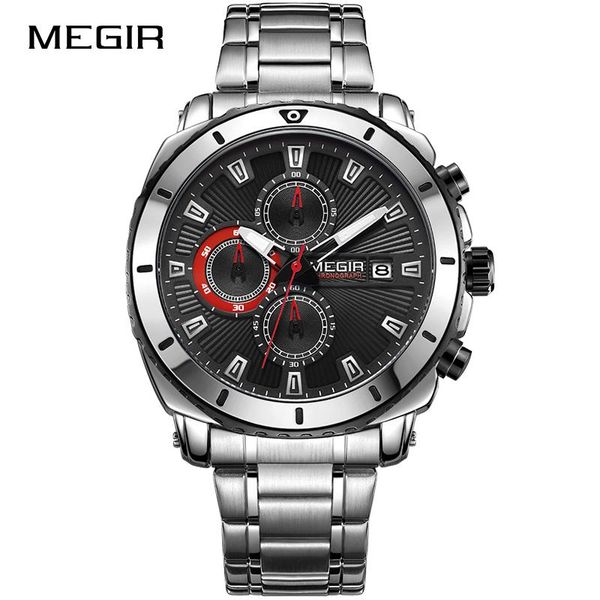 

wristwatches megir mens watches quartz stainless-steel chronograph business watch male clock relogio masculino, Slivery;brown