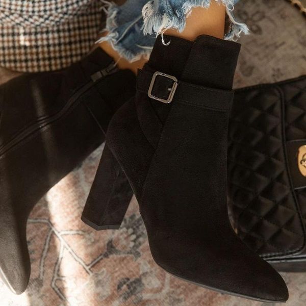 

boots women ankle autumn winter flocked leather high heels pointed toe ladies shoes buckle strap black