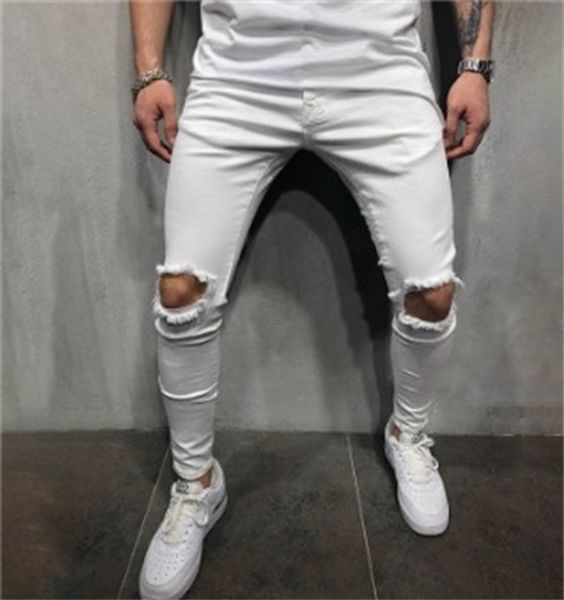 

autumn white sweat pants men jeans man knee holes trousers, Blue
