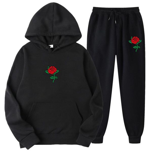 

men's hoodies & sweatshirts solid color tracksuit men set autumn casual + pants two-piece trendy sportswear male, Black